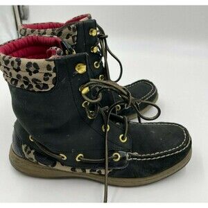 Sperry Hikerfish Black Leather Leopard Lace Up Boots Womens Sz 7.5